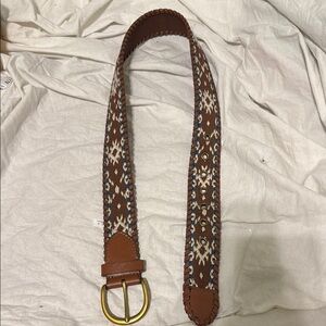American Eagle Outfitters Brown and Cream Patterned Belt with Gold Buckle